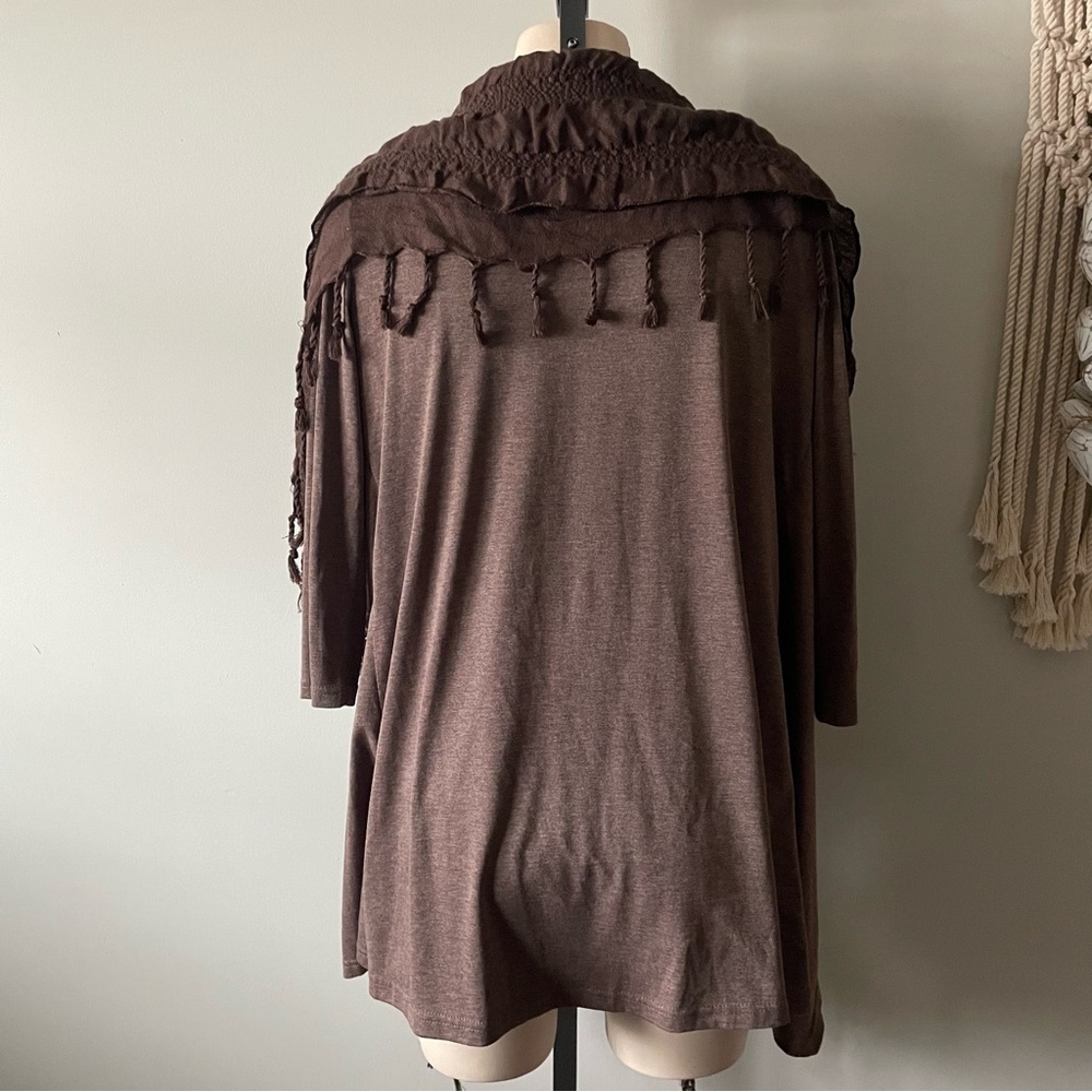 Papillon Lagenlook Fringe Trim Ruffled Open Cardigan Scarf Neck Wrap Boho - Picture 2 of 9